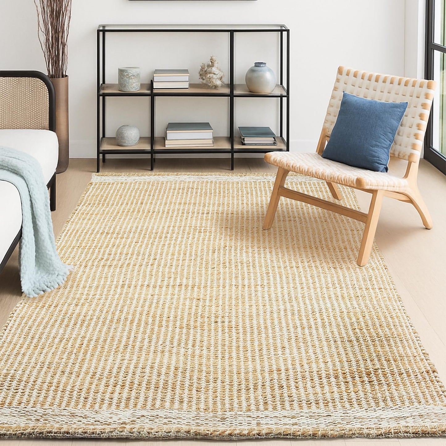 RUSVILLA 6' x 9' Jute & Wool Mini Check Area Rug with 4-Inch Border | Handwoven, Pile - 0.6"| Living Room, Dining & Bedroom Rug, Neutral Indoor Natural Farmhouse Décor (6' x 9')