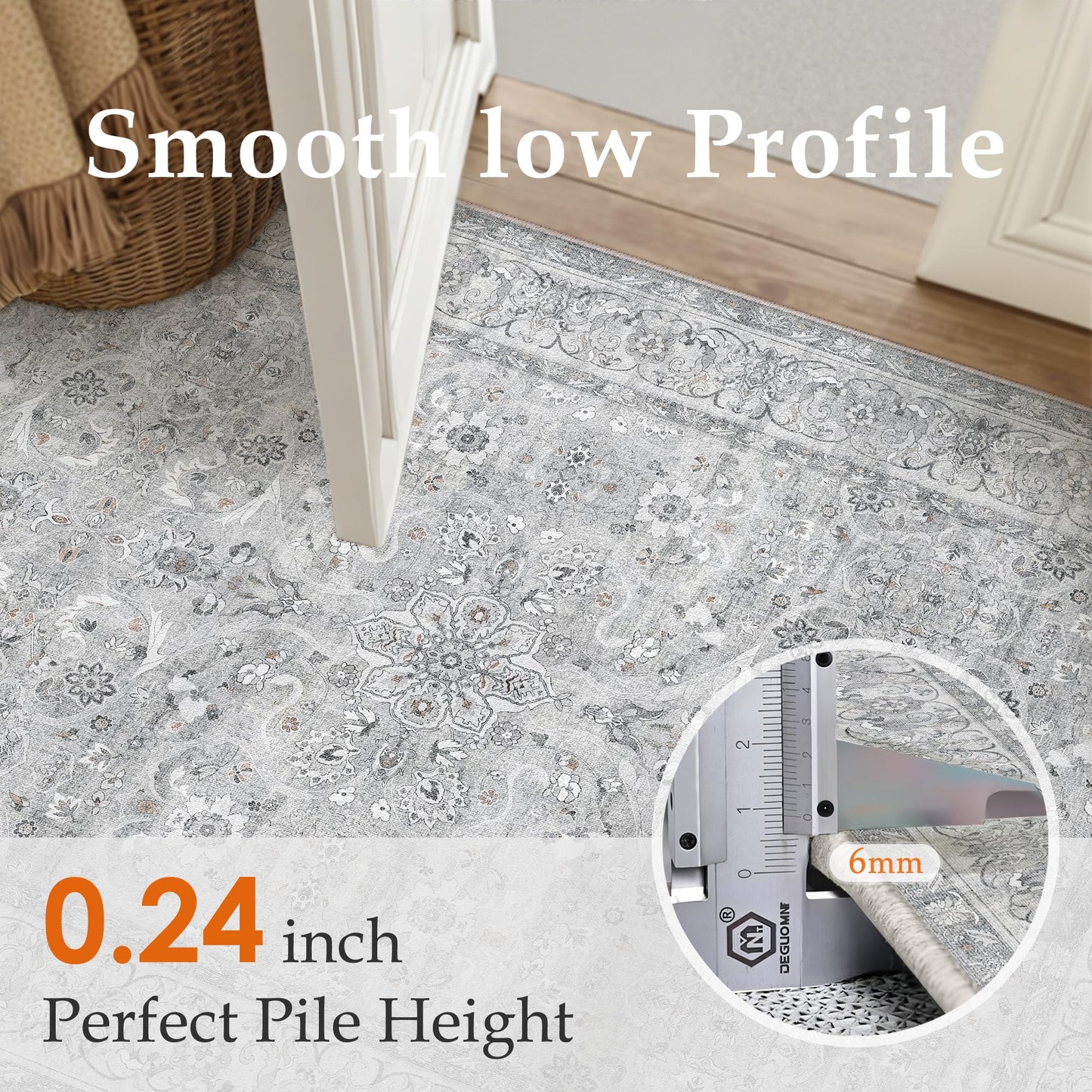 PureCozy Gray 8x10 Area Rug Washable Living Room Vintage Carpet Bedroom Large Indoor Non Slip Soft Low Pile Thin Stain Resistant Distressed Accent Throw Rug for Dining Office Nursery