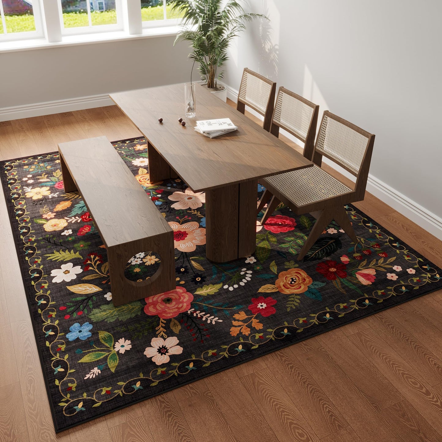 Rugcomf Living Room Rug 6x9 Rug Machine Washable Boho Area Rug Non Slip Floral Vintage Low Pile Large Rug for Living Room, Bedroom, Farmhouse, Dining Room, Kids Playroom(Black)