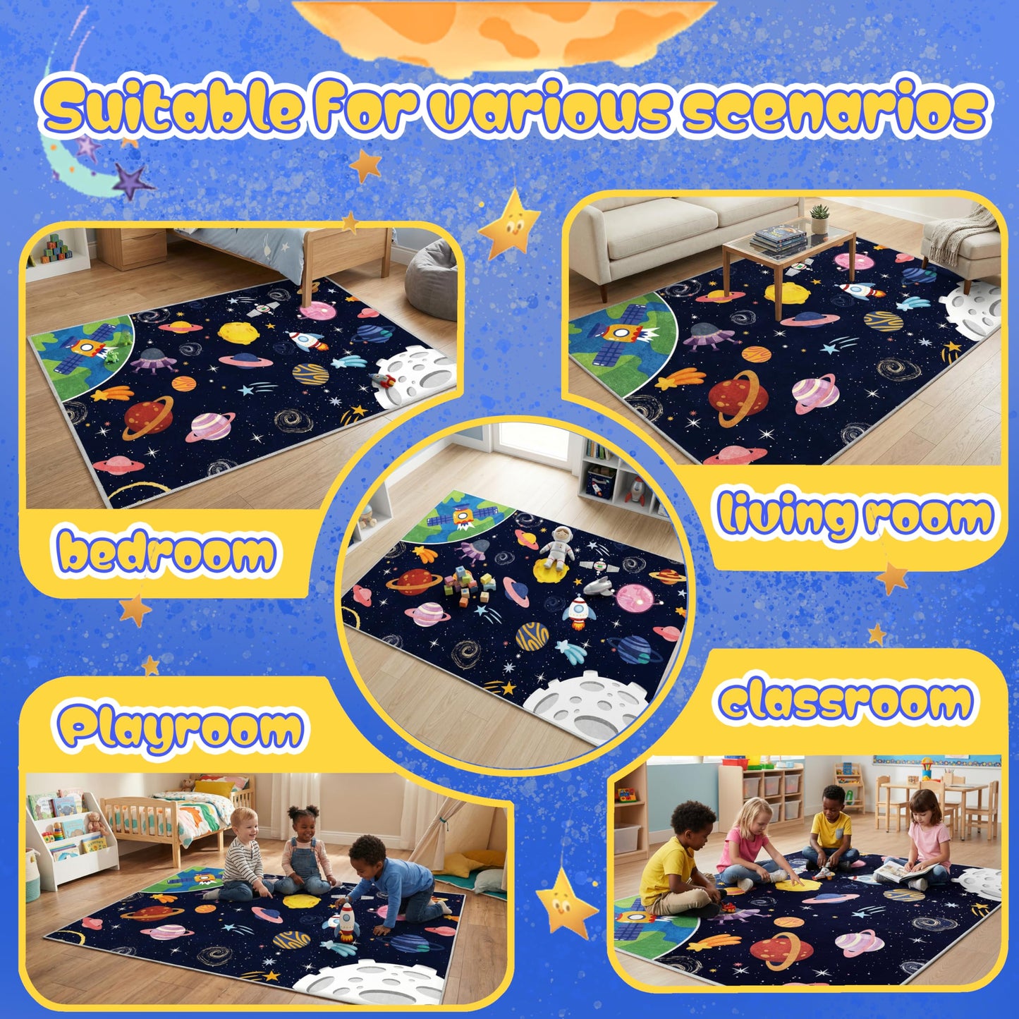 VNUVCOE Space Kids Car Rug Playmat Carpet, 31''x47'' Playroom Planet Rug for Playing Cars Toys, Educational Area Rugs for Bedroom Classroom Toddlers.
