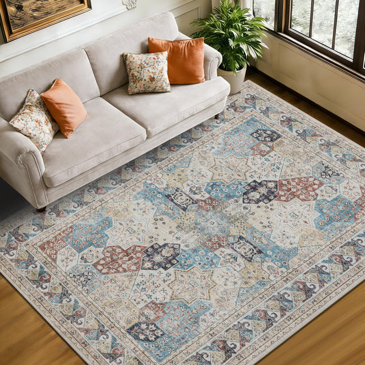 5x7 Moroccan Washable Area Rugs, Oriental Accent Rugs with Non-Slip Backing, Distressed Design Low Pile Soft Carpet for Living Room, Bedroom, Dining Room, Home Office, Blue/Multi