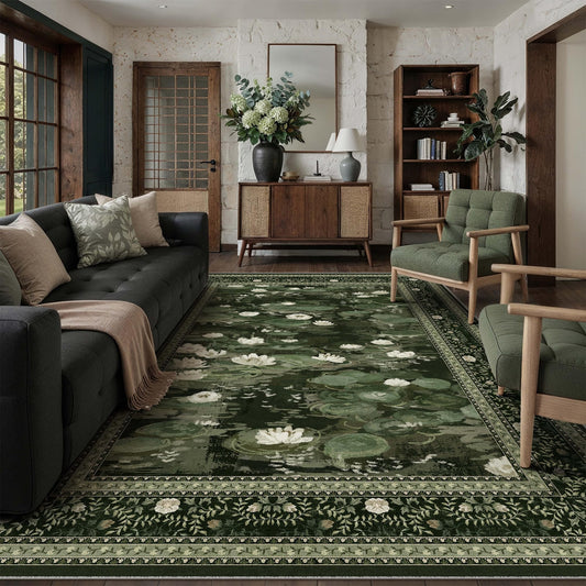 PureCozy Washable 8x10 Area Rug for Living Room Green Floral Indoor Large Carpet Non Slip Low Pile Vintage Impressionist Rugs for Bedroom Dining Room Nursery Playroom Farmhouse Decor