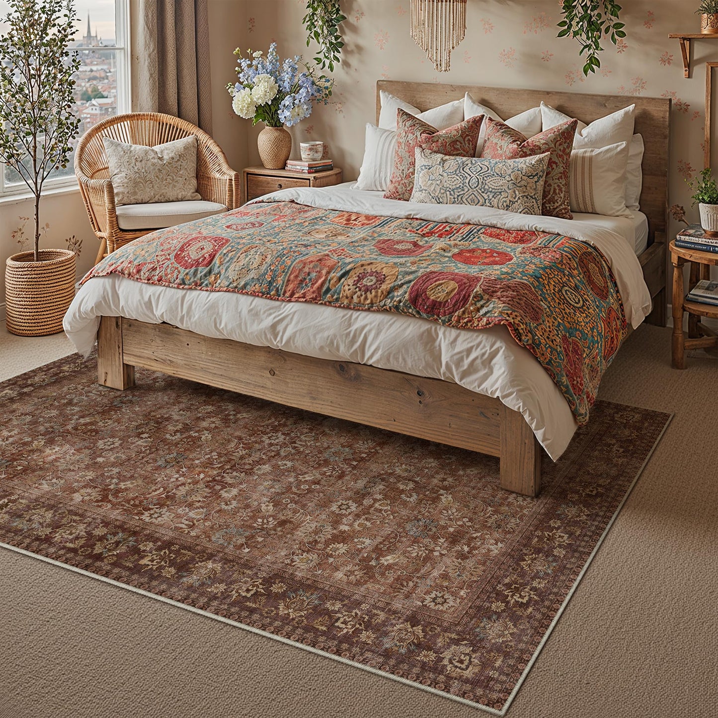 HUGEAR 4x6 Machine Washable Rugs Brick Red Hallway Area Rug Indoor Accent Rug Floral Low Pile Carpet Soft Throw Rug Bedroom Living Room Office Dining Room Kitchen Laundry Room Non Slip