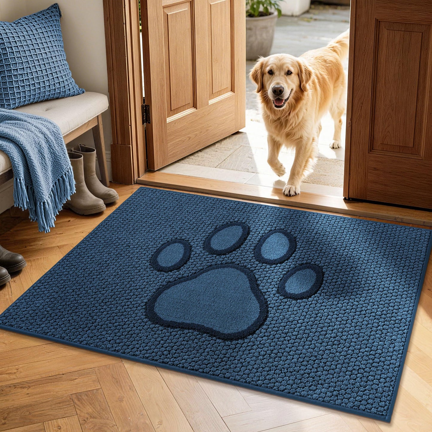 Bald Eagle Grip Dog Paw Doormats 32''x48'' for Dirty Paws, Washable Entryway Floor Rugs Dirt Trapper with TPR Backing, Absorbent Low Profile Doormat for Front Door, Hallway, Entryways, Blue