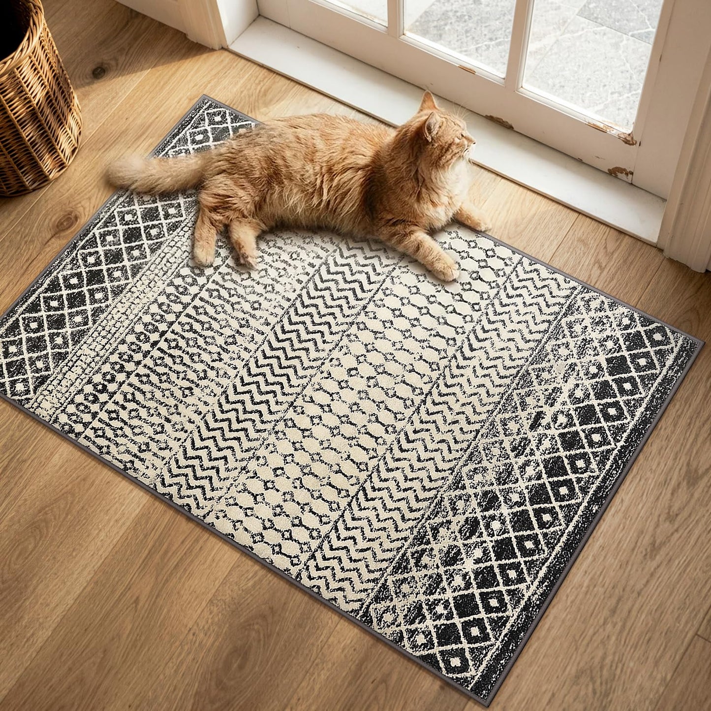 Nailttos Moroccan Area Rug, 2x3 Black Distressed Entryway Rug Non-Slip Small Rug, Soft Low-Pile Washable Indoor Door Mat Floor Carpet for Entrance Bedroom Kitchen Bathroom