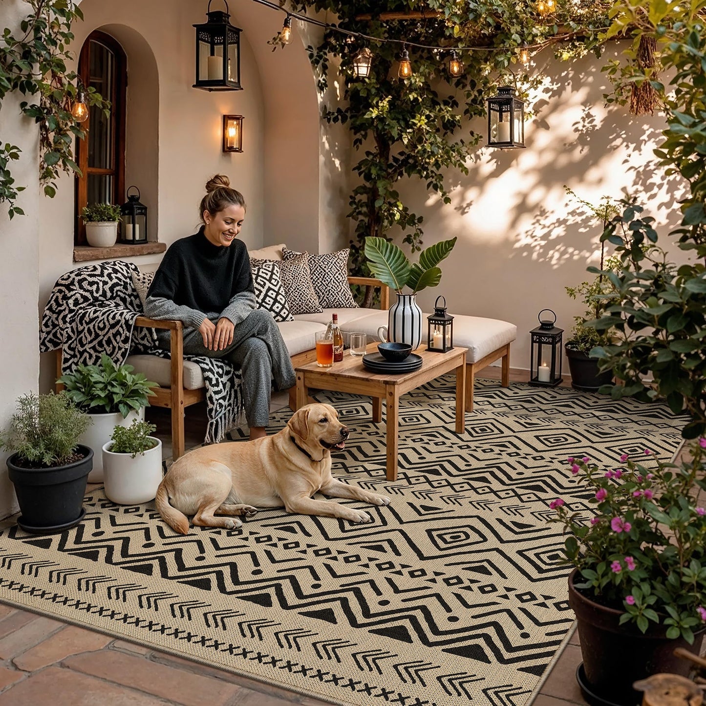 PureCozy 5x8 Easy Jute Outdoor Rug Black Boho Indoor Outdoor Area Rug Farmhouse Patio Carpet for Backyard, Patio, Porch, Living Room， Easy-Cleaning, High Traffic, Pet-Friendly, Non-Shedding