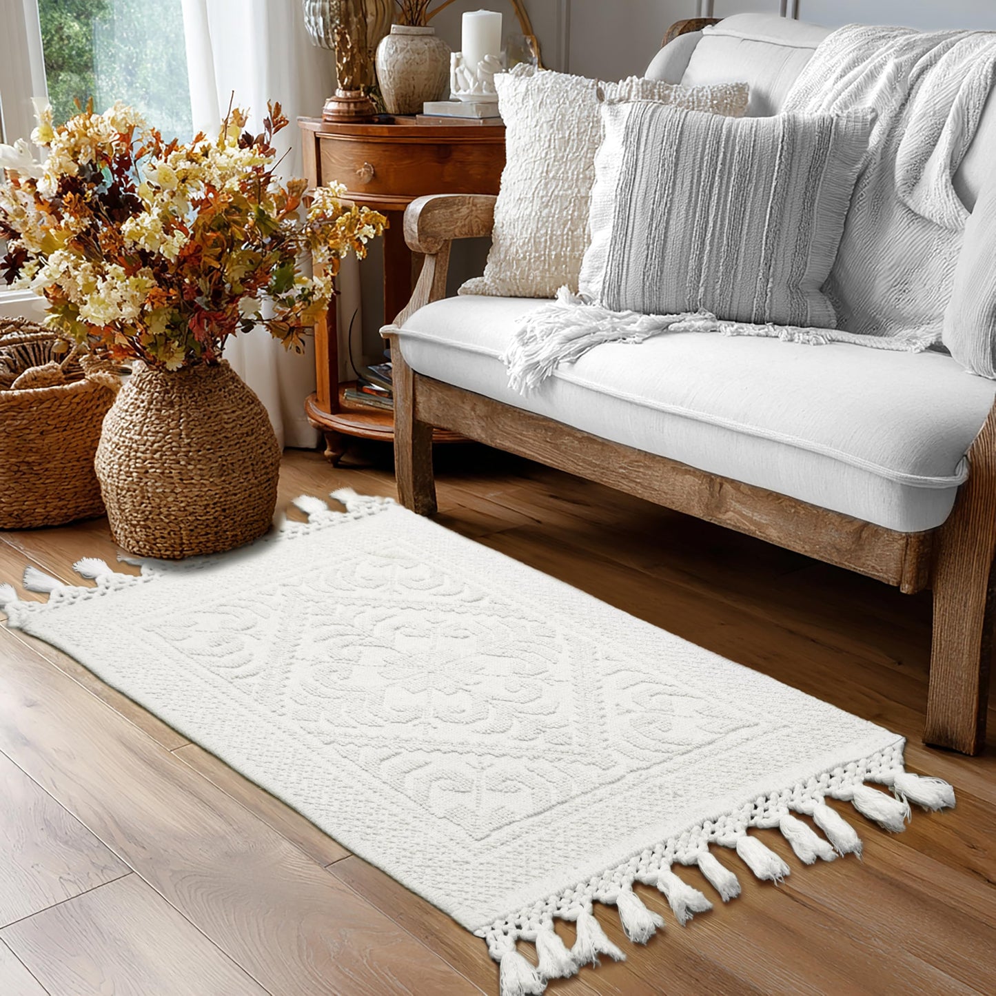 COTTON CRAFT Woven Area Rug - 2 Pack Cotton Jacquard Textured Rug - Boho Farmhouse Rustic Throw Rug with Fringe - Machine Washable Accent Mat for Bedroom Living Room Entryway Nursery - 20x32 - White