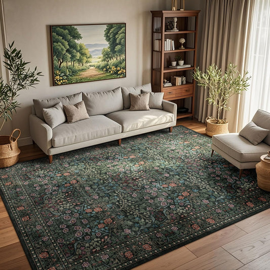 Othilic Vintage Moody Floral Area Rug - 6x9 Washable Living Room Rug Black Green Stain Resistant Dining Room Rugs for Under Table Non Slip Soft Floor Carpet for Living Room Bedroom Nursery Foyer