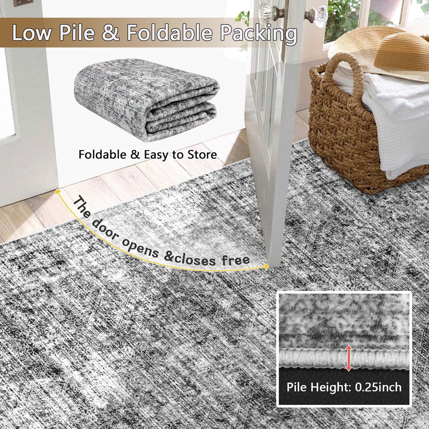 Area Rug 8x10 Washable Rug, Large Soft Rugs for Living Room Vintage Distressed Cashmere Non-Slip Stain Resistant Carpet for Bedroom Dining Room Home Office Gray