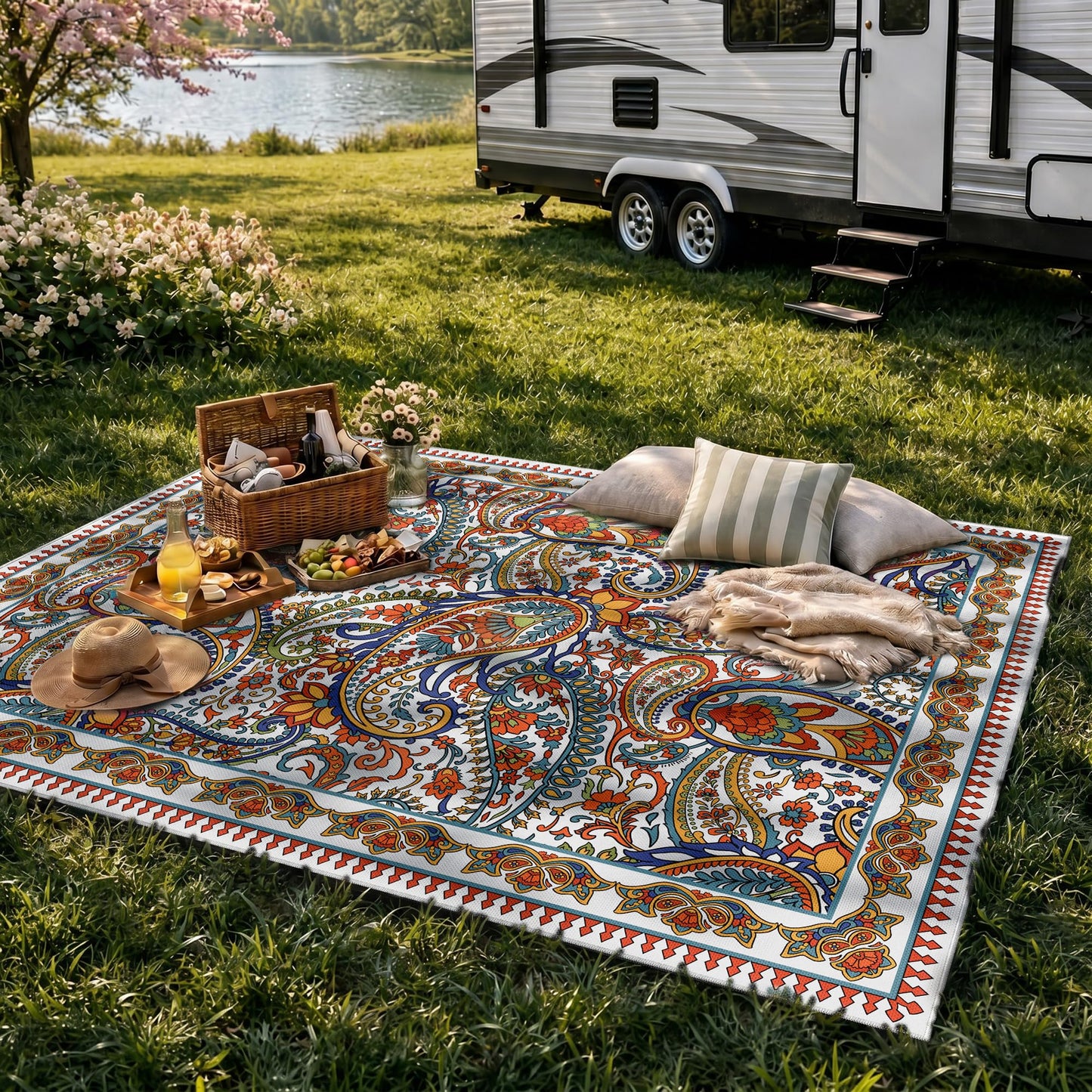 Arenarug Paisley Outdoor Rug Waterproof 5x8, UV Resistant Non Slip Patio Rug, Indoor Outdoor Boho Camping Rug Linen-Look RV Carpet for Deck Balcony Backyard, White Multi
