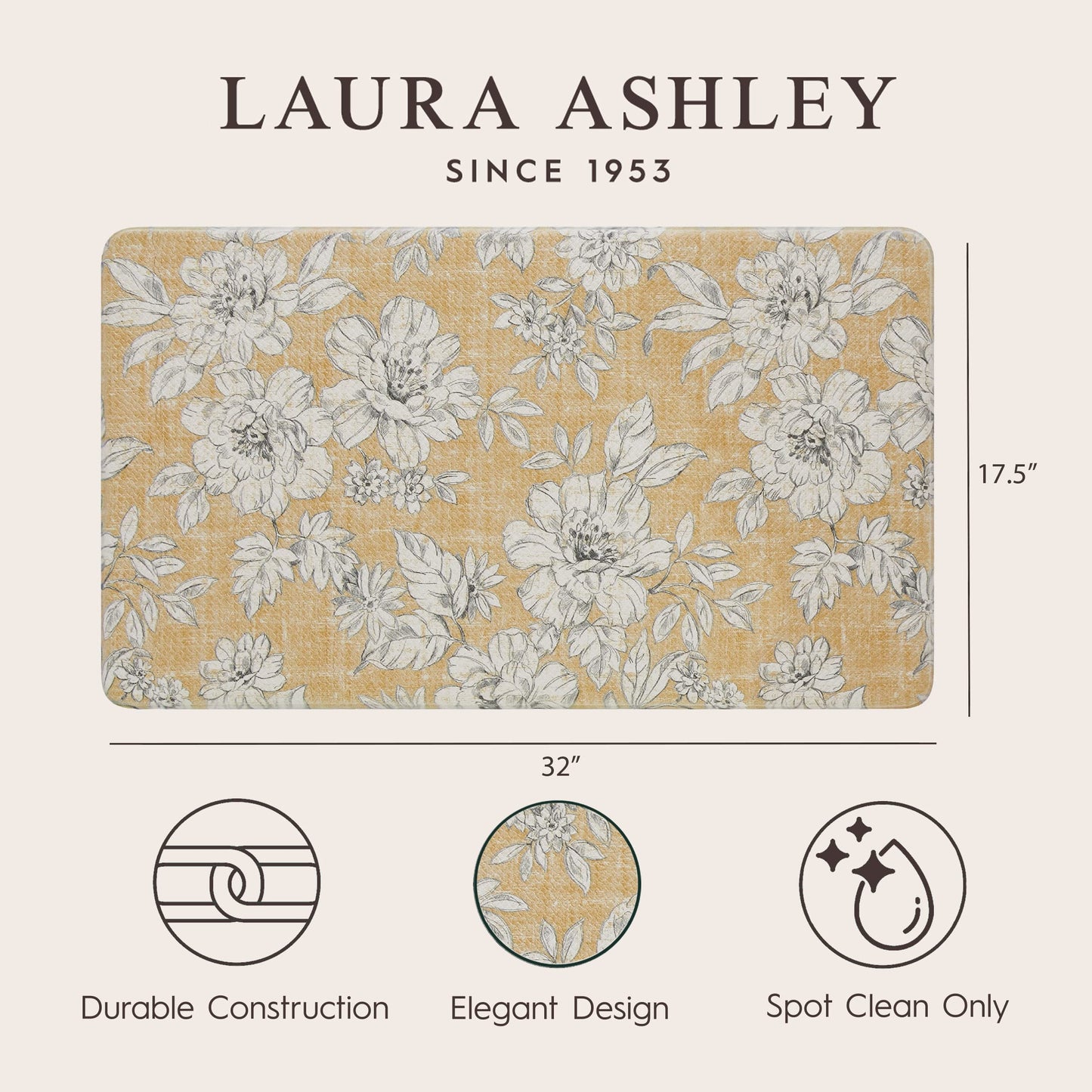 Laura Ashley – Anti-Fatigue Kitchen Mat | Iris Floral Design | Stain, Water & Fade Resistant | Cooking & Standing Relief | Non-Slip Backing | Measures 17.5” x 32”| Tawny Yellow Iris