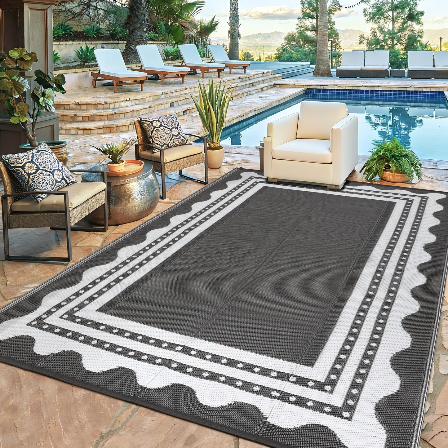IDEALHOUSE Waterproof Outdoor Rug 9x12 for Patio, Reversible Modern Area Rug, Large Plastic Straw Mat for Camping, RV, Porch, Backyard, Deck, Picnic, Beach, Grey & White