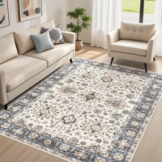 UESRUGS 5x7 Area Rug for Living Room, Washable Vintage Pattern, Non-Slip Stain Resistant Soft Durable Floor Rug for Bedroom & Dining Room - (Blue & Beige)