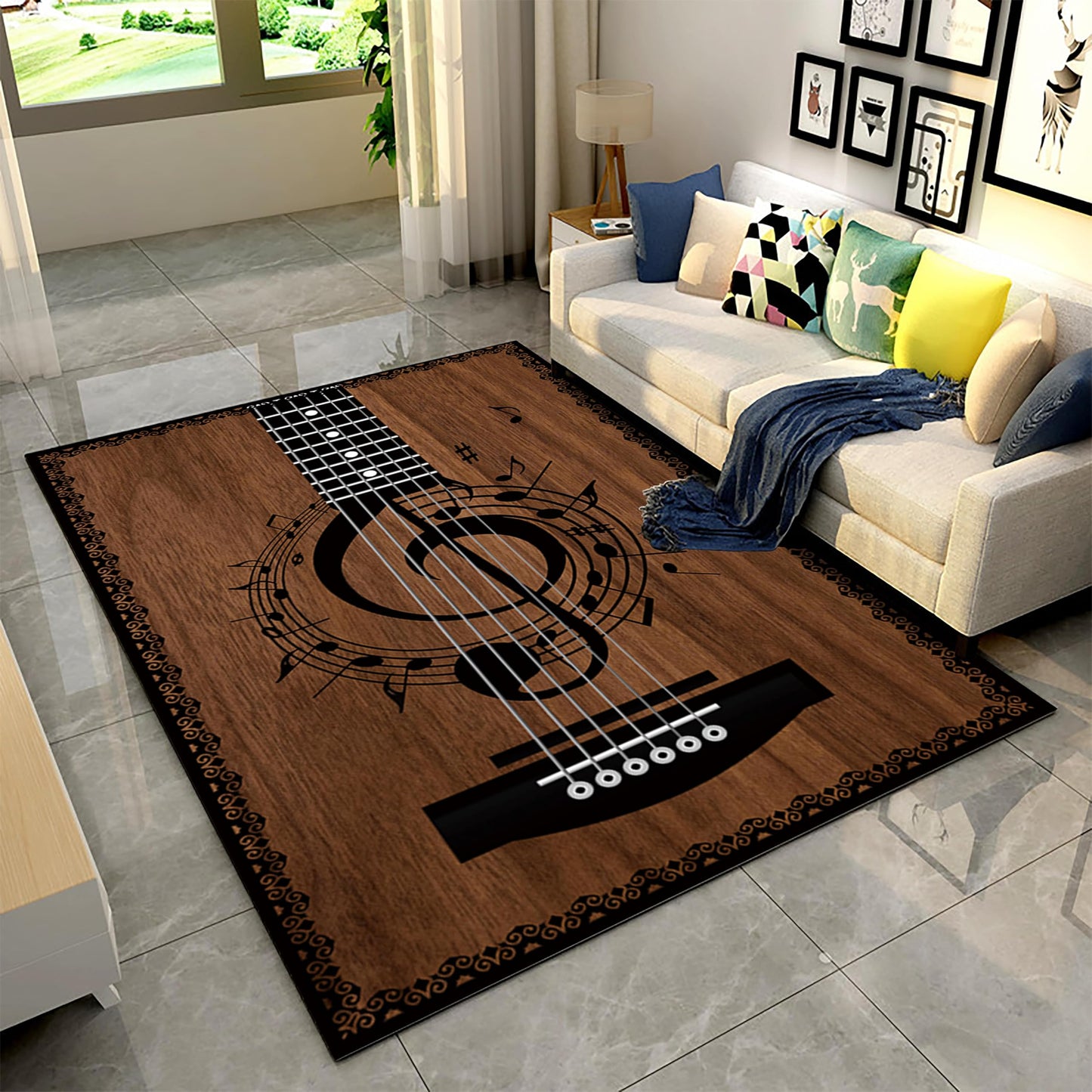 Acoustic Guitar Kids Rugs, 5x8ft, Vintage Instrument Music Guitar Carpet, Anti-Skid Durable Reduce Noise Kids Rugs, Printed Fade Resistant Rubber Backed Thin Mat for Nursery Entrance