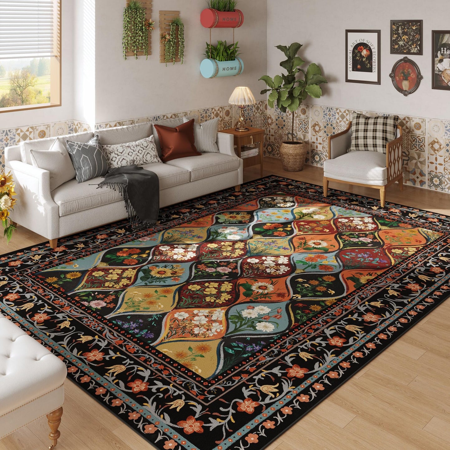 Vowkten Bohemian Geometric Floral Area Rugs 5x7, Machine Washable, Low Pile Soft Carpet, Non-Slip for Living Room, Bedroom, Dining Room, Farmhouse, Kids Playroom, Office | Black