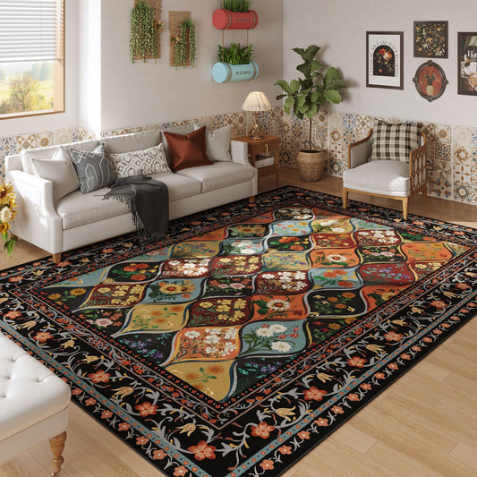 Vowkten Bohemian Geometric Floral Area Rugs 5x7, Machine Washable, Low Pile Soft Carpet, Non-Slip for Living Room, Bedroom, Dining Room, Farmhouse, Kids Playroom, Office | Black
