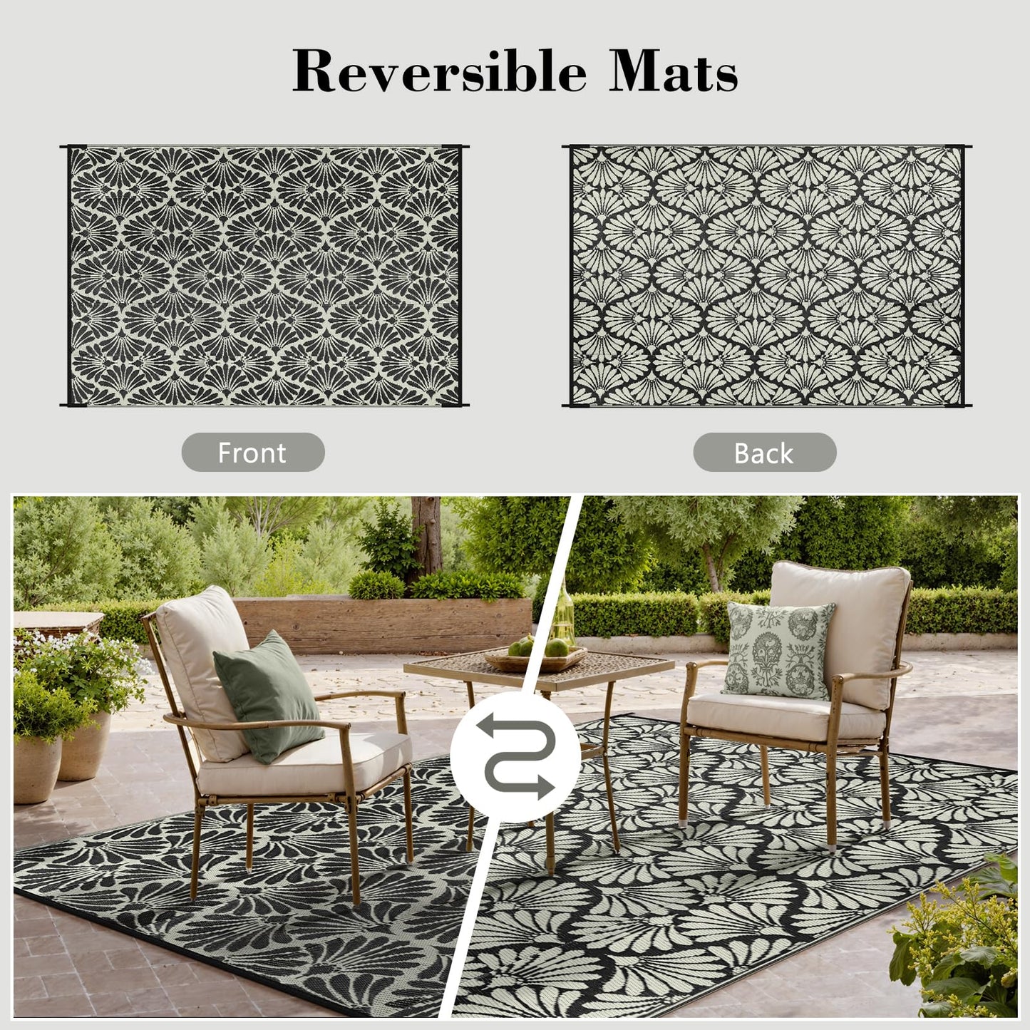 Lahome Outdoor Rug Patio Waterproof 6x9, Black Outdoor Plastic Straw Rug for Porch, Portable Lightweight Mats for Backyard Garden Deck Camping Outside, Black White,6'x9'