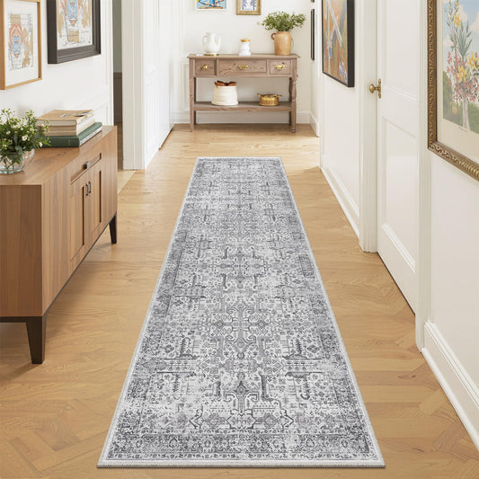 ComiComi Washable 2x8 Runner Rug - Non Slip Vintage Kitchen Runner Rugs Low-Pile Distressed Long Rugs for Hallway Waterproof Indoor Carpet for Living Room Bedroom Entryway 2'x8' Grey
