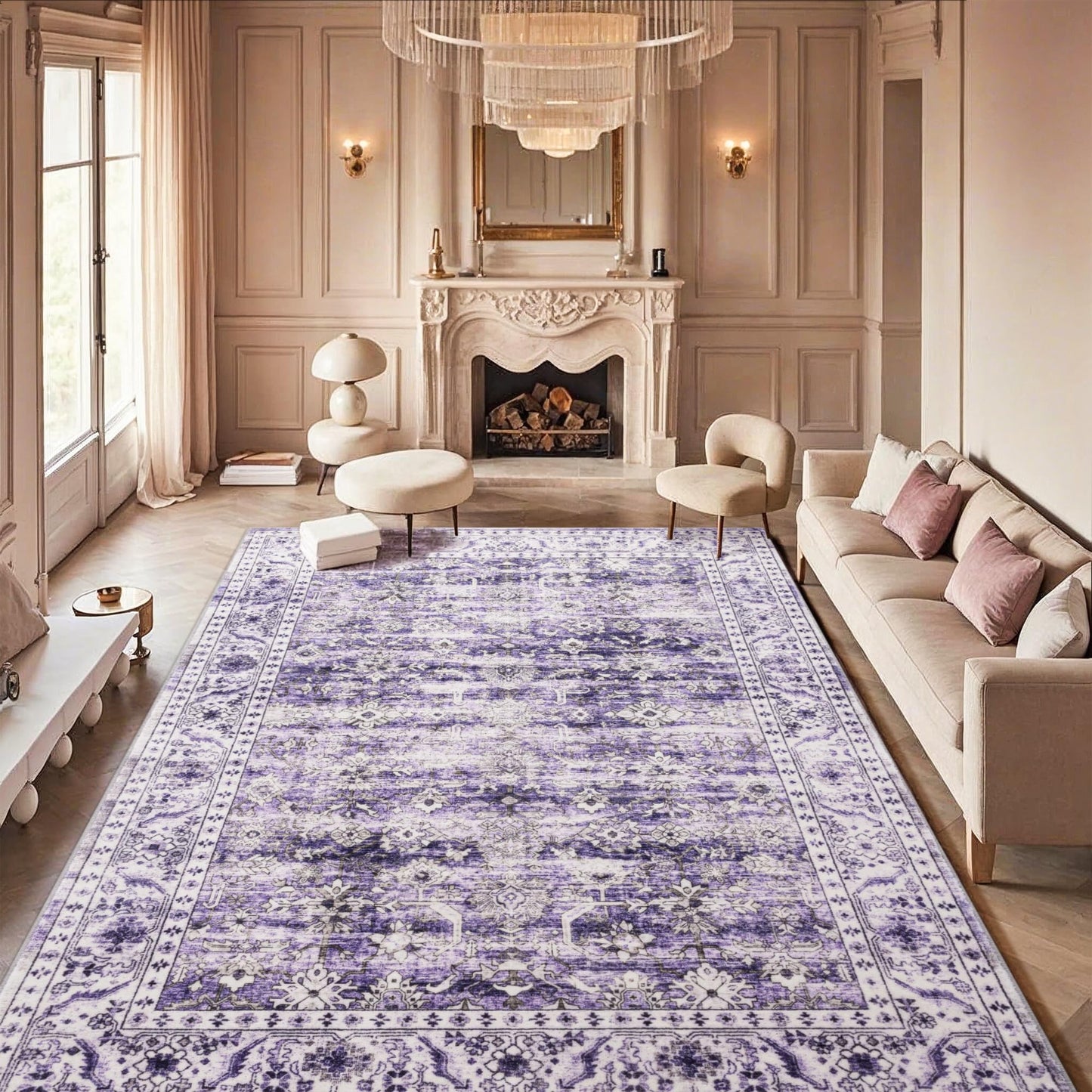 Carvapet 6x9 Area Rug - Large Dark Blue Vintage Floral Rectangular Carpet Low Pile, Non Slip Rubber Backing Machine Washable Mat for Living Room Bedroom