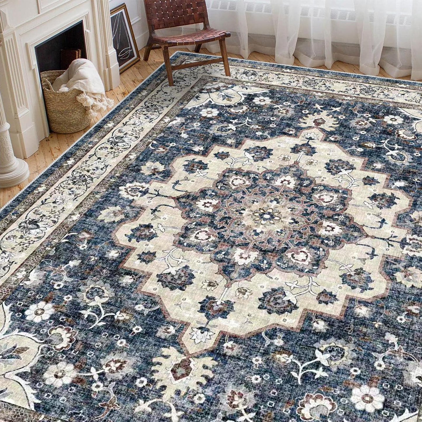 Washable Living Room Area Rug - 9 x 12 Stain Resistant Medallion Soft Bedroom Rugs Distressed Design Non Shedding Floor Carpet Durable Easy-Clean Low Pile Rug Comfortable Home Decor (9x12 Blue)