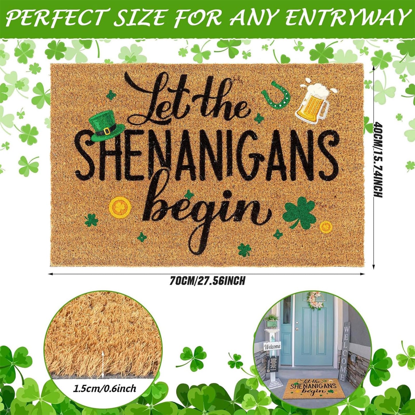Ceenna St. Patrick's Day Welcome Doormat Outdoor St. Patrick's Day Coir Doormat with Non Slip Backing Shamrock Clover Green Irish Door Mat Front Porch Rugs for Home Entrance, 16 x 28Inches