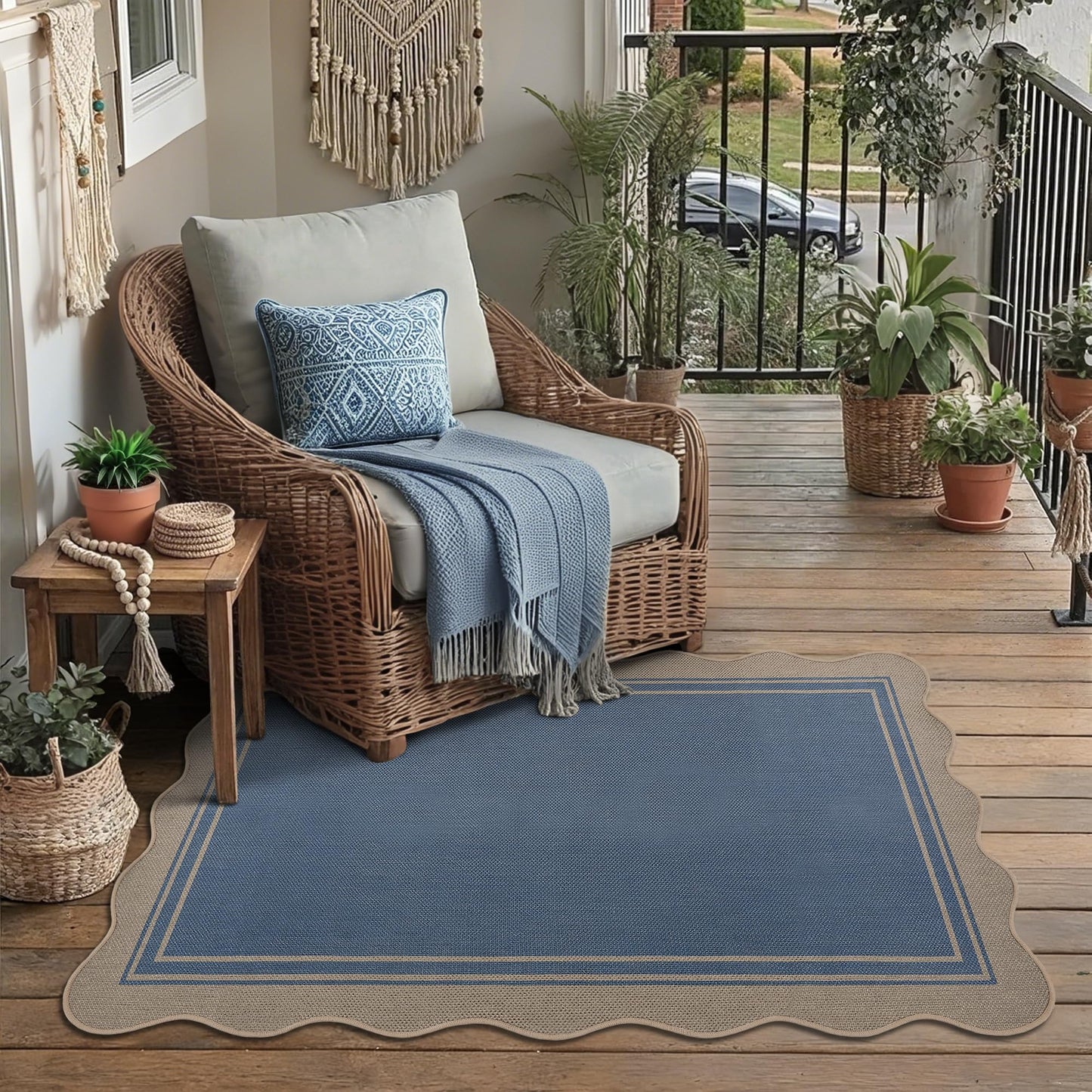 Easy Jute 3x5 Outdoor Rug Washable Non Slip Rug for Entryway Indoor Outdoor Farmhouse Neutral Scalloped Carpet for Backyard Patio Proch Living Room