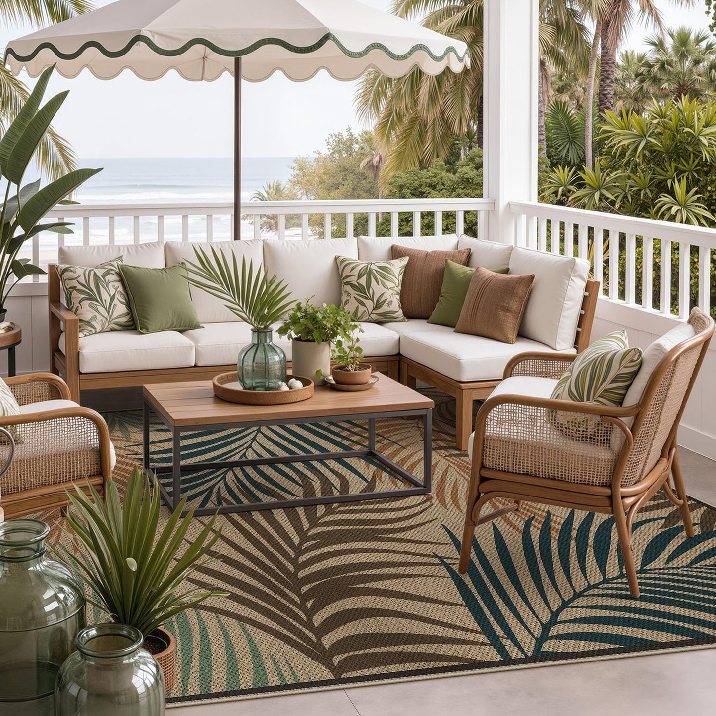 Tribesigns Easy Jute 5x7 Washable Indoor Outdoor Rugs, Coastal Blue/Tan/Green Patio Rug, Boho Leaf Beach Non Slip Living Room Area Rugs for Bedroom, Farmhouse Dining Room Carpet for Backyard Office