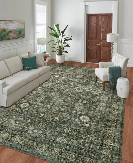 Morebes Vintage Dark Green Living Room Rug, 9x12 Area Rug Large Washable Rugs for Bedroom, Soft Dining Room Carpet Non-Slip Non-Shedding Throw Rug for Farmhouse Indoor Kids Playroom