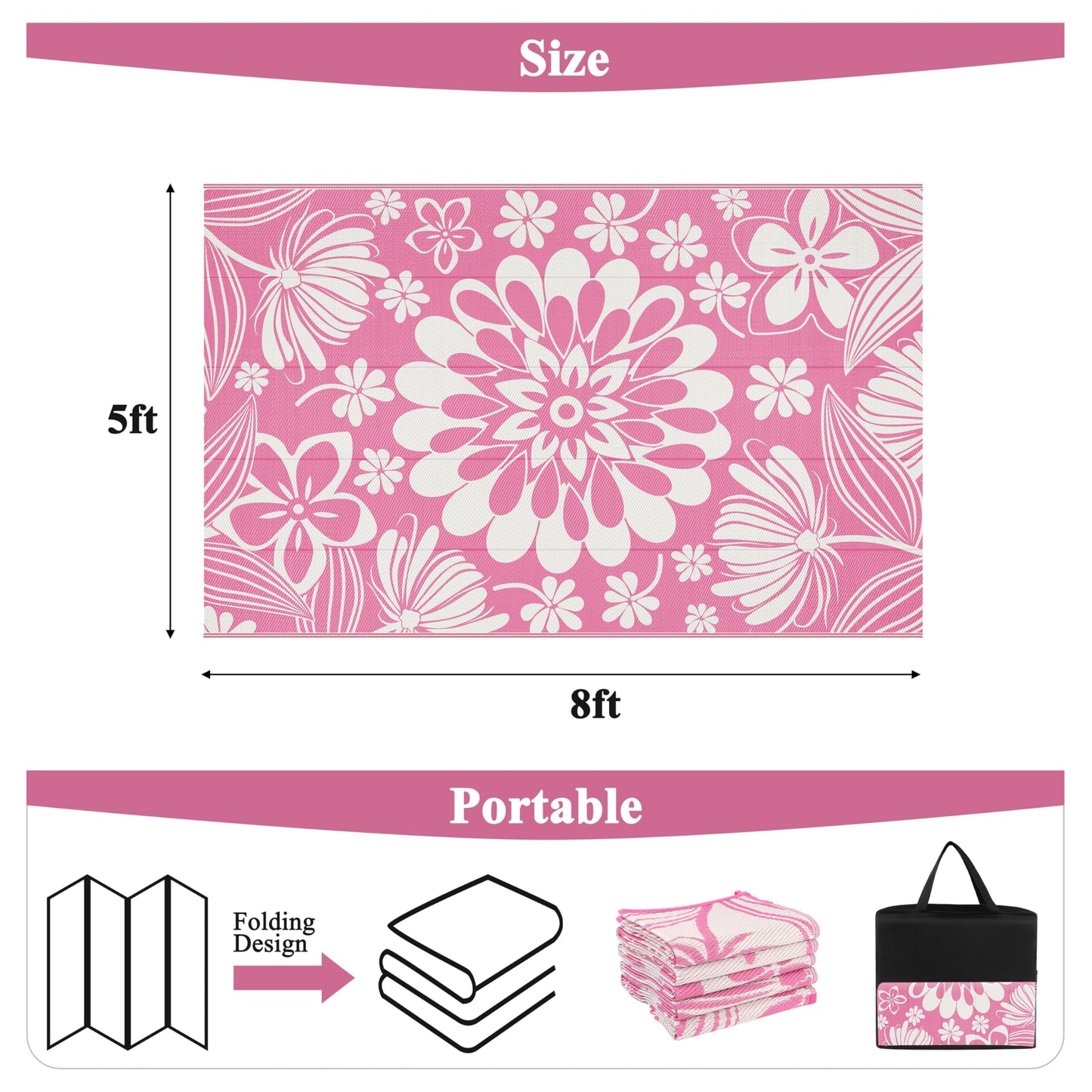 Ileading Outdoor Patio Rug, Pink Floral Reversible Outdoor Rug, Waterproof Plastic Straw Mat, Portable Outside Deck Area Rug, Camping RV Carpet for Porch Balcony (5×8 ft)