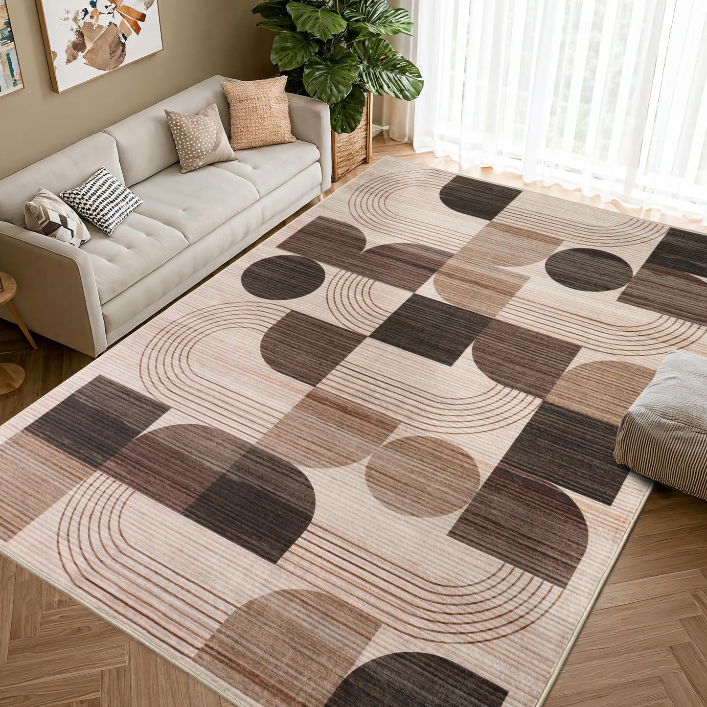 QDUIDU Large Machine Washable 4x6 Area Rug, Soft Modern Geometric Abstract Brown Rugs for Bedroom Living Room, Non-Shedding Faux Wool Indoor Throw Floor Carpet for Office Entryway Dining Room Decor
