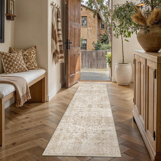 HUGEAR 2x6 Runner Rug Machine Washable Area Rug Beige TaupeRoom Decor Distressed Vintage Hallway Rugs Low Pile Carpet Non Slip Rugs for Kitchen Laundry Living Soft Lightweight