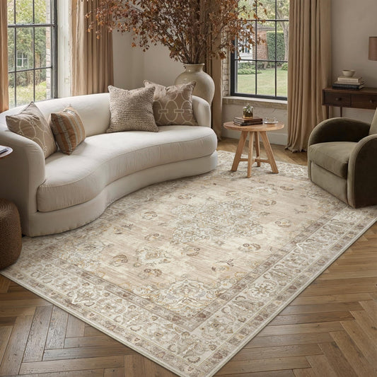 PureCozy Area Rug 5x7 Beige Washable Vintage Traditional Floor Cover Thin Retro Indoor Distressed Non Slip Carpet,Central Medallion Floor Rugs for Living Room Office Bedroom Dining Room
