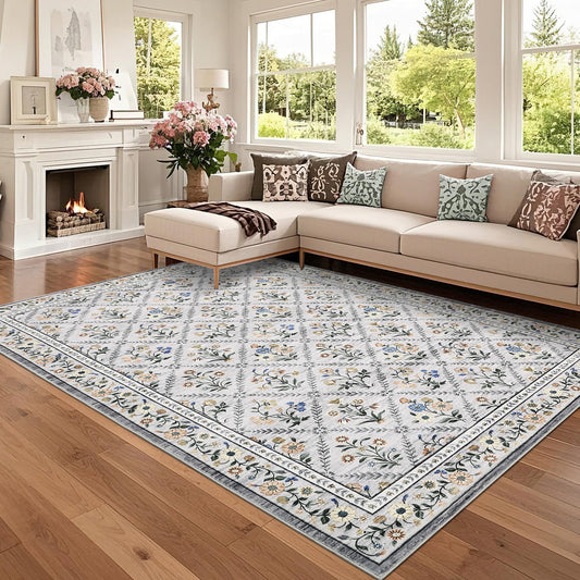 GarveeHome Living Room Rug 5x7 Rug Machine Washable Stain Resistant Area Rug Non Slip Floral Vintage Low Pile Rugs for Living Room, Bedroom, Farmhouse, Dining Room, Kids PlayroomGrey Beige