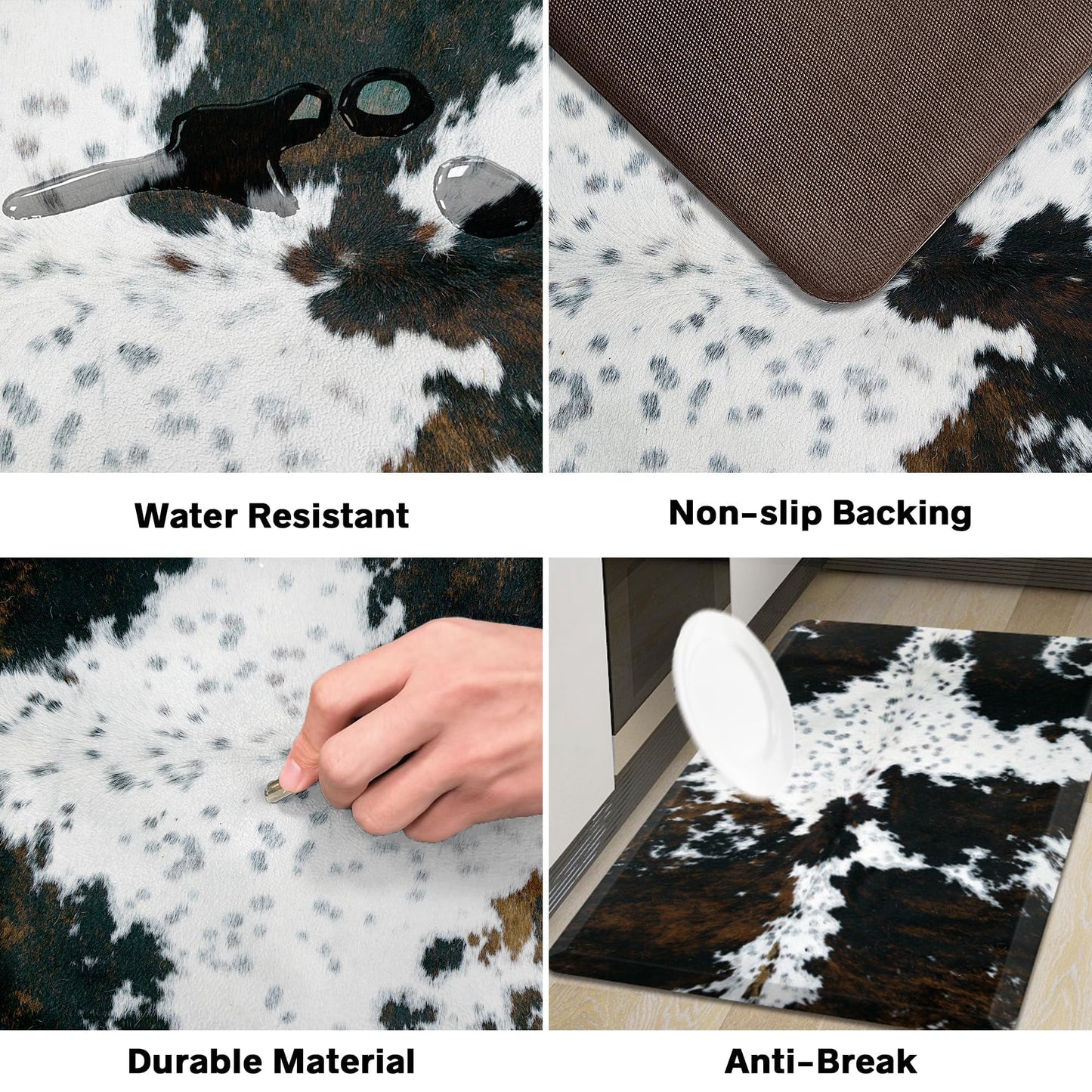 Tyrot Cowhide Kitchen Mat Cushioned Anti Fatigue - 1/2 Inch Thick Western Cow Kitchen Mats for Floor, Non Slip PVC Waterproof Standing Desk Ergonomic Comfort Rugs for Sink, Office, Laundry, 17.3x47