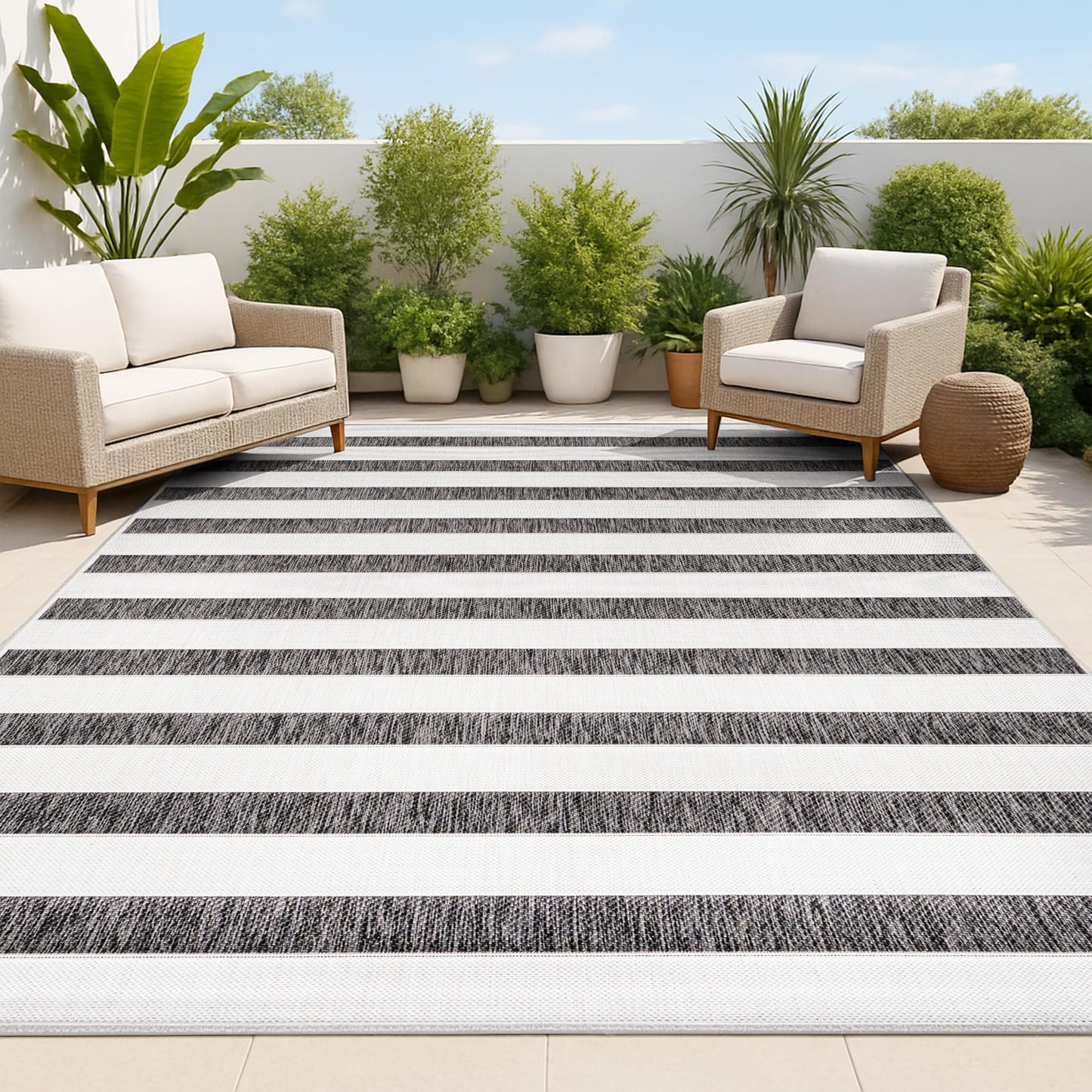 JONATHAN Y Wide Stripe Indoor Outdoor Area Rug 8X10 Black/Cream, Aveiro for Backyard, Patio, Porch, Easy-Cleaning, High Traffic, Pet-Friendly, Non-Shedding (SMB112B-8)