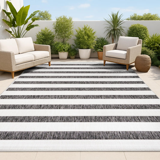 JONATHAN Y Wide Stripe Indoor Outdoor Area Rug 8X10 Black/Cream, Aveiro for Backyard, Patio, Porch, Easy-Cleaning, High Traffic, Pet-Friendly, Non-Shedding (SMB112B-8)