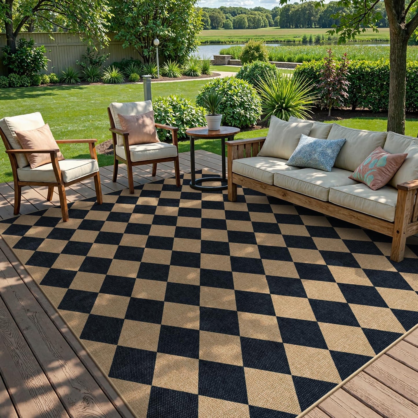 Lanffia Checkered Easy Jute Washable Rugs 8x10, Black Living Room Rug for Dining Room Diamond Indoor Outdoor Carpet, Large Non Slip Low Pile Farmhouse Checkerboard Rug for Classroom Patio
