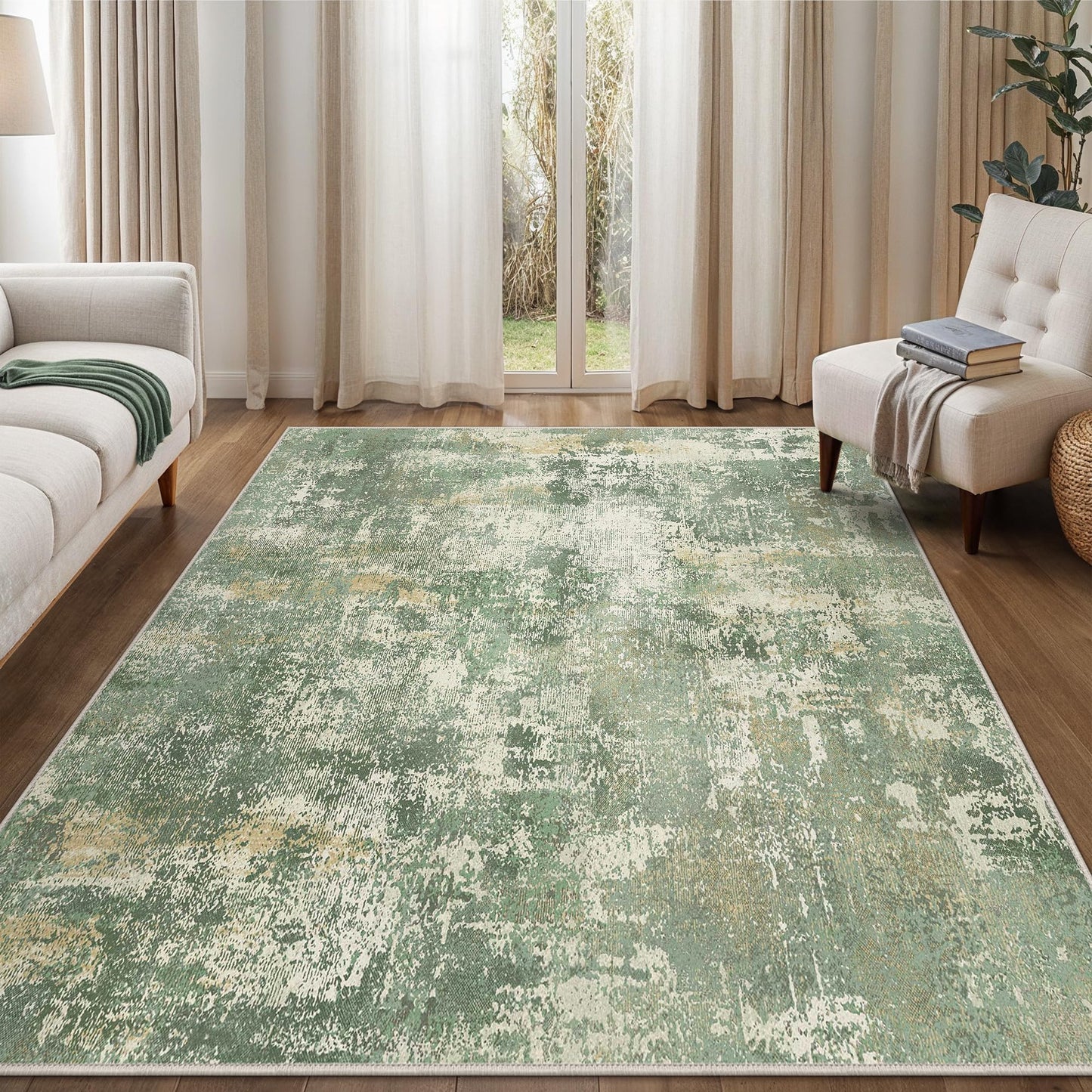GENIMO 8x10 Area Rugs for Living Room, Machine Washable Rug Non Slip, Low Pile Ultra-Thin Lightweight Large Carpet, Abstract Modern Rugs for Bedroom, Dining Room, Office, Nursery, Olive Green