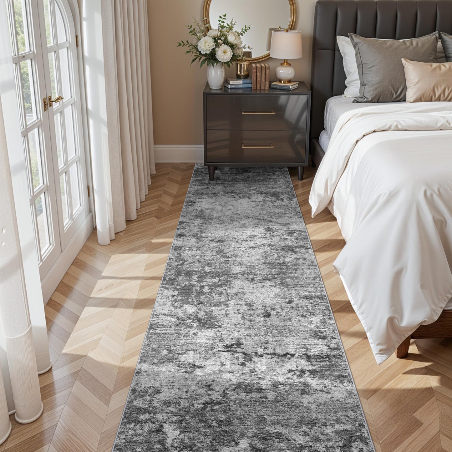Washable Kitchen 2x10 Runner Rug: Non-Slip Low Pile Hallway Runner Modern Abstract 10ft Long Rugs for Entryway Living Room Soft Thin Stain Resistant Carpet for Bedroom Bathroom(Black/Grey/White, 2X10)