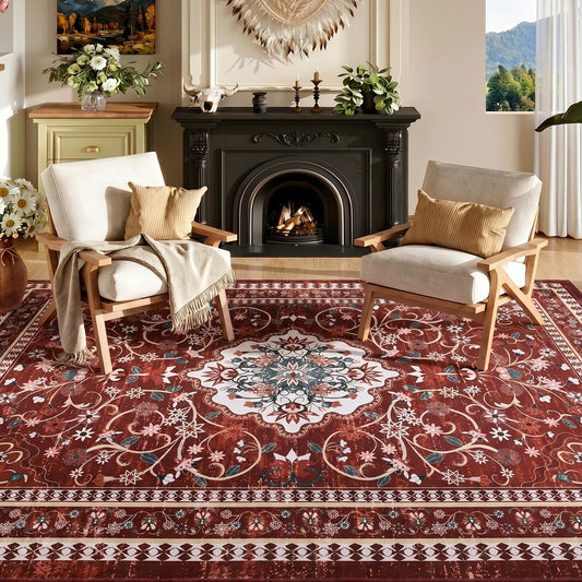 BLEUM CADE 5' x 7' Red Boho Rugs for Living Room, Washable Low Pile Non-Slip Area Rugs for Bedroom Dining Room Kitchen Classroom Office Nursery Playroom