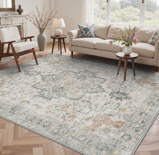 GENIMO No-Wash 8X10 Area Rug for Living Room Bedroom Patio, Waterproof Stain Resistant Oil Proof Chenille Carpet, Non Slip Vintage Boho Rug for Dining Room & Home Office Decor– Light Taupe Brown