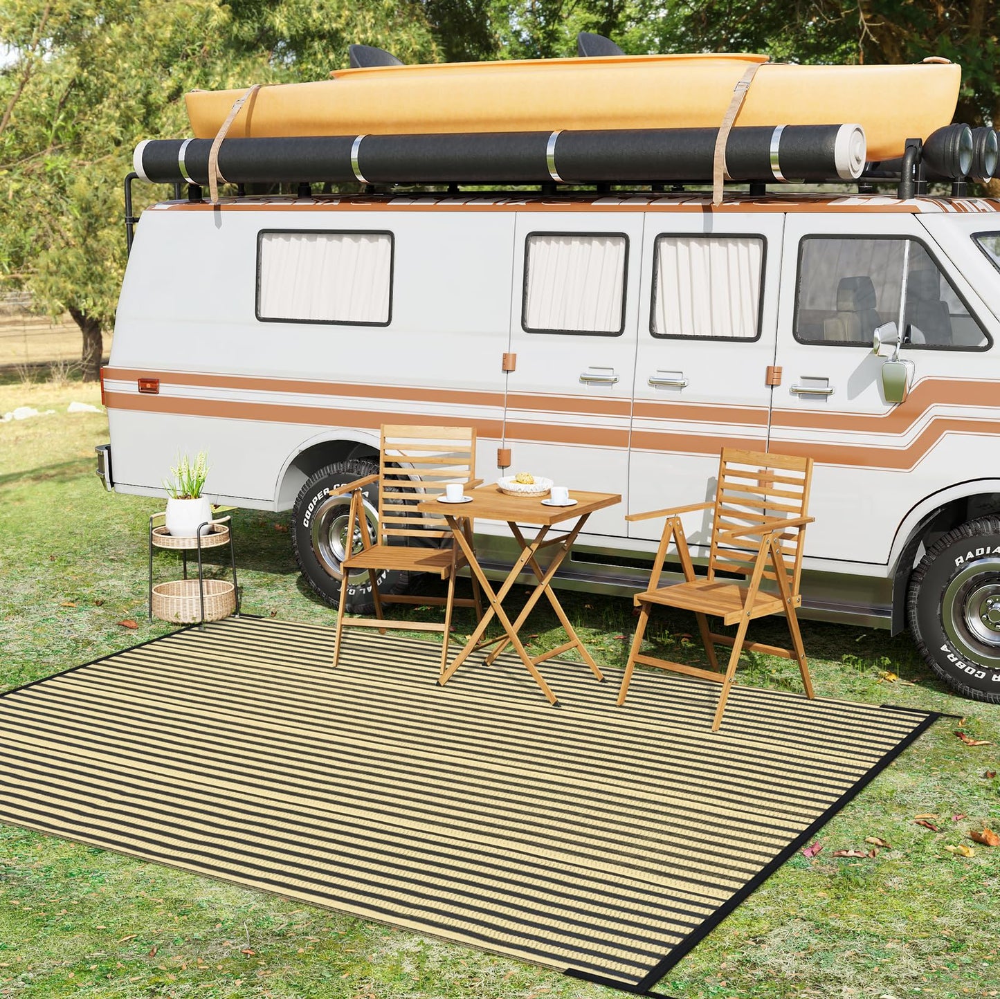 LEEVAN Waterproof Outdoor Rug 6x9 Patio Rug Clearance Black and Tan Plastic Straw Area Rug for Backyard Striped Camping Outside Mat for Picnic, RV, Deck, Bench, Balcony