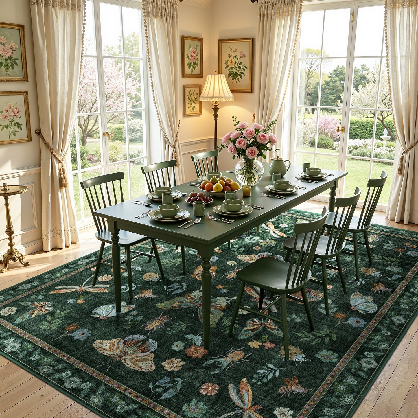 AIMPEAK Insect Washable Rugs 8x10 Dark Green, Soft Butterfly 8x10 Area Rugs for Living Room Indoor, Non Slip Bug Bedroom Rug Under Bed Thin Large Carpet with Flowers for Dining Room Office Playroom
