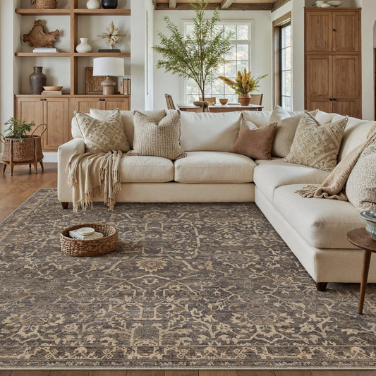 HUGEAR Area Rug 9x12 Retro Brown Machine Washable Living Room Rugs Distressed Vintage Floral Vacuumable Low Pile Carpet Bedroom Office Dining Room Laundry Room Non Slip Soft Lightweight