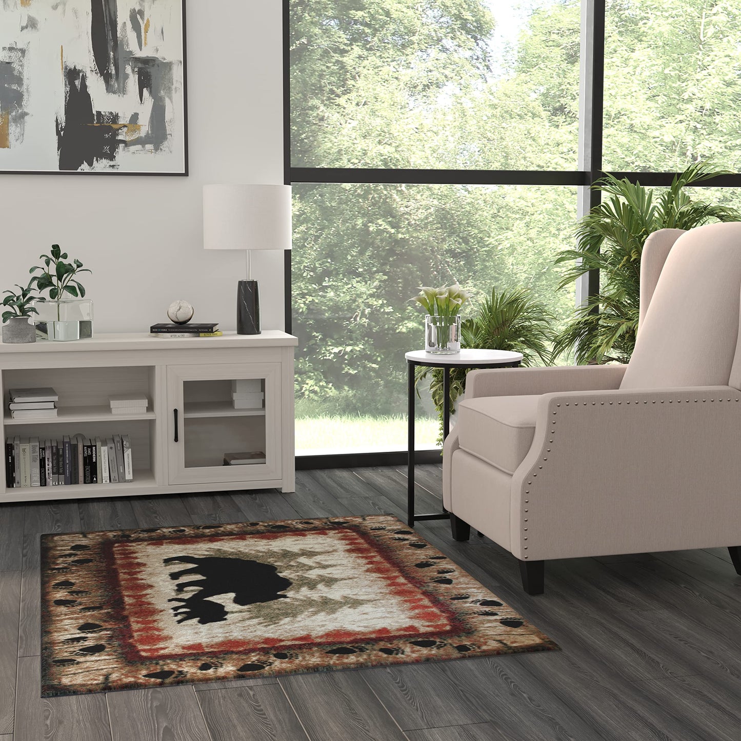 Masada Rugs, Cabin Lodge Area Rug Bear and Cub Scene (4 Feet X 5 Feet)