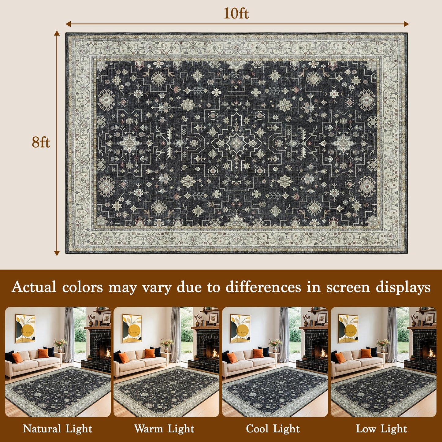 LBRO2M Black Washable Rugs 8X10 for Living Room Bedroom Office Farmhouse Non Slip Vintage Area Rugs Easy Clean, Stain Resistant Carpet Low Piles Great for Pets and Family (8'X10' Charcoal Black)