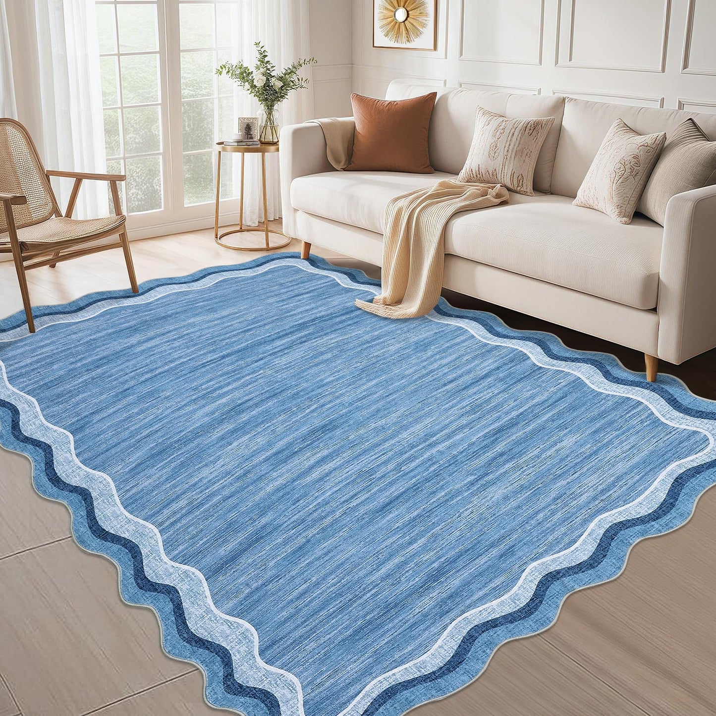 GarveeHome Scalloped Washable 8x10 Rugs for Living Room Bedroom Large Scalloped Solid Rug Non-Slip Stain Resistant Carpet Easy Clean Kids&Pet Friendly Carpet for Nursery Dining Room Table Dorm Blue