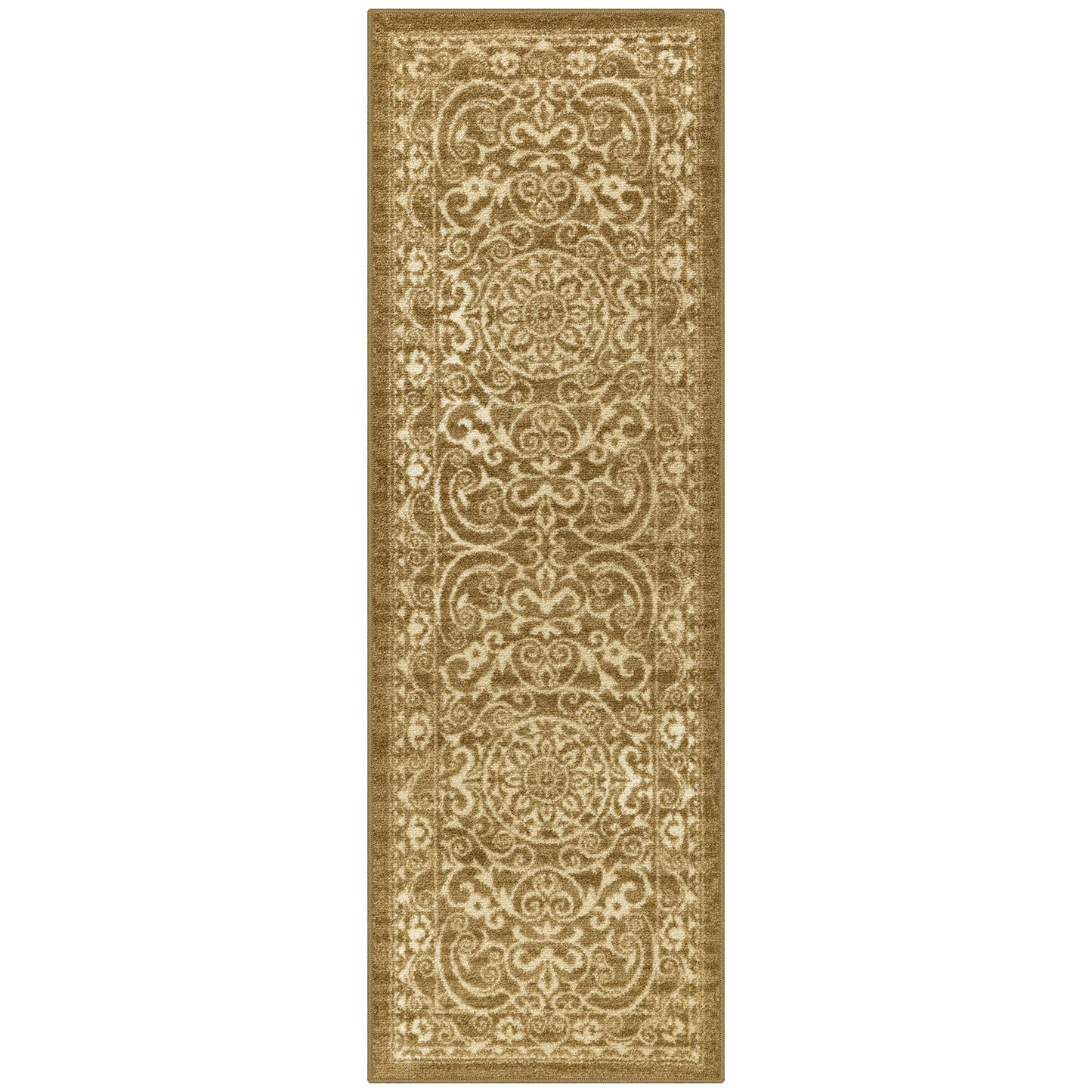 Maples Rugs Pelham Vintage Medallion Runner Rug - Made in USA - Washable, Non-Slip, Low Profile Indoor Rug for Hallway, Kitchen, and Laundry Room, 2' x 6', Khaki