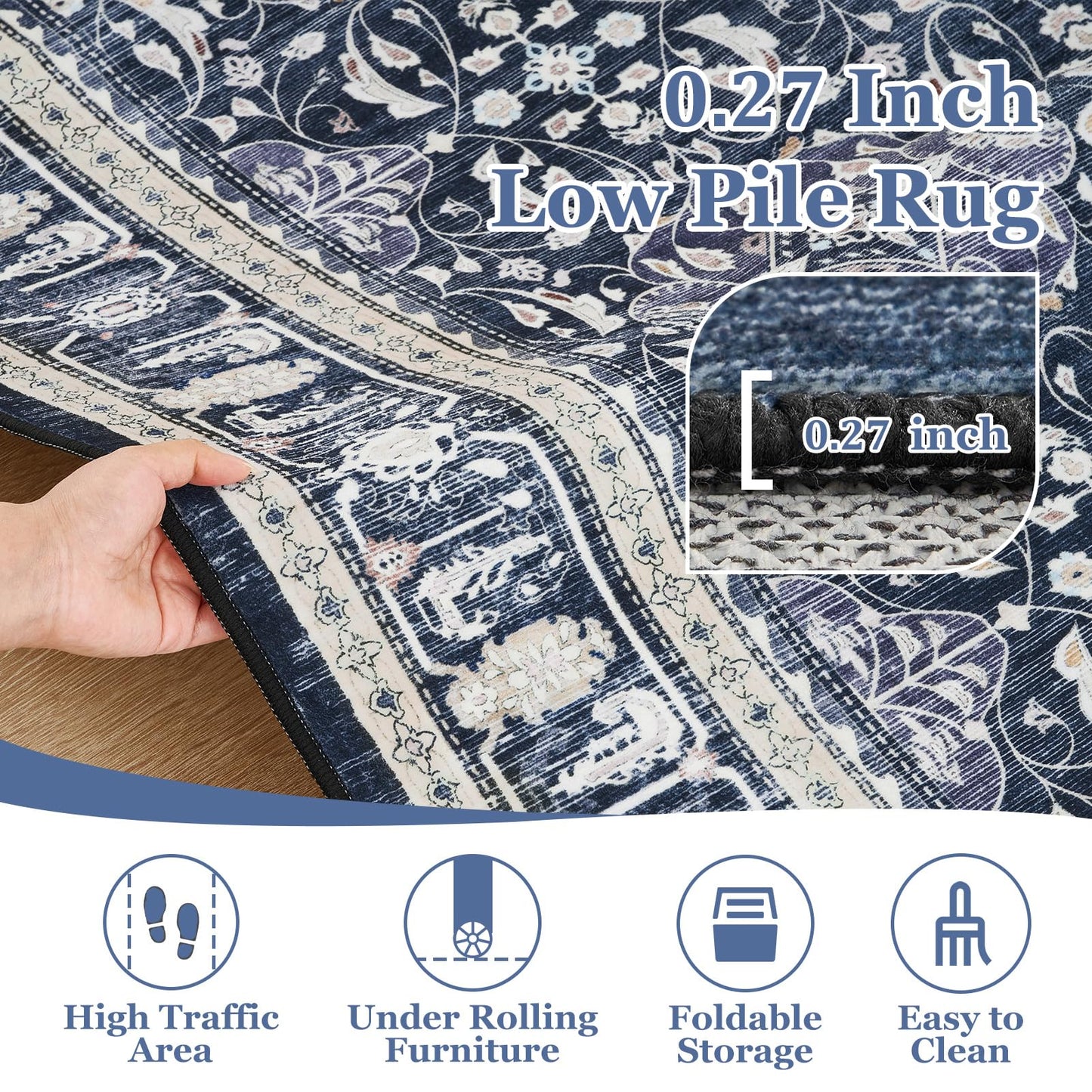 Jainmy Boho Floral Moroccan Trellis Large Area Rugs 9x12 for Living room, Dark Blue Classic Transitional Style Room Carpet Rug for Bedroom Dining Room, Washable Rug with Rubber Back Low Pile Thin Soft