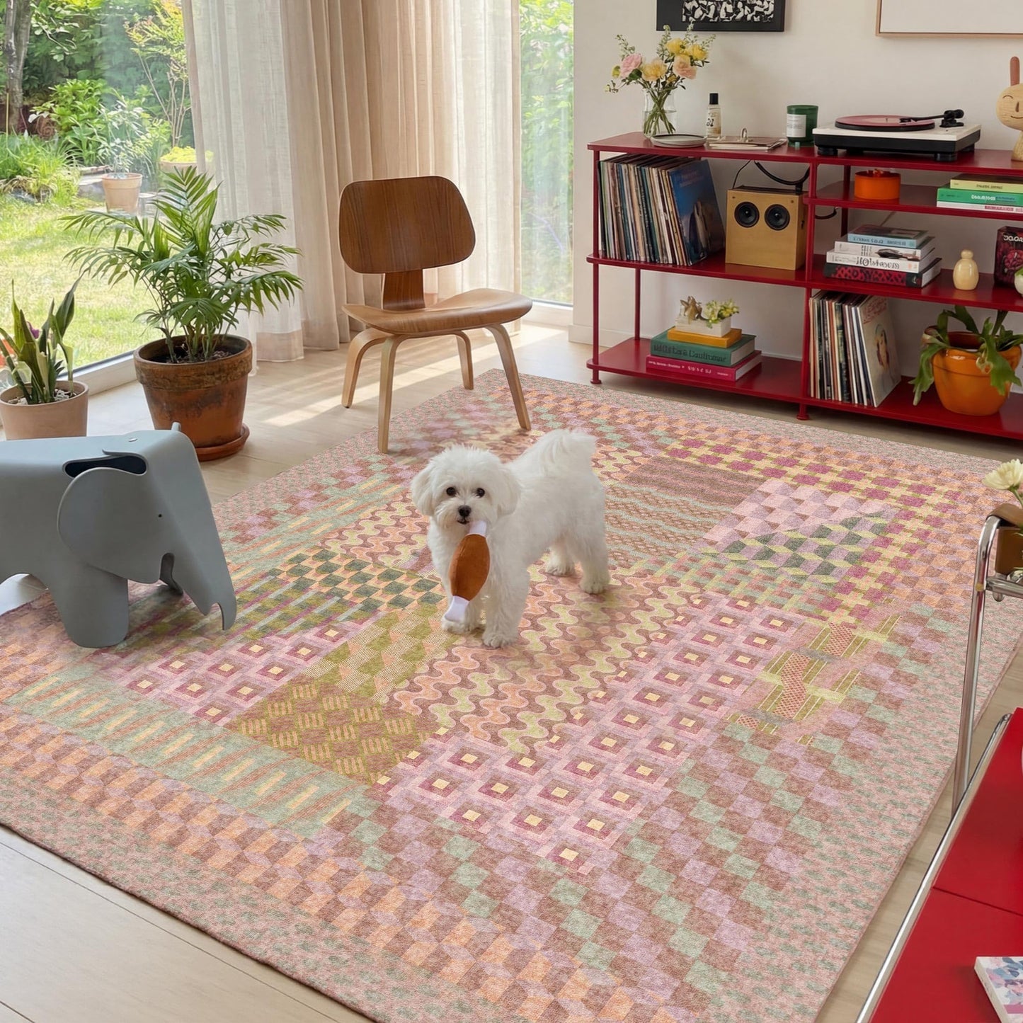 Kokia 9x12 Modern Geometric Washable Area Rug, Non-Slip Stain-Resistant Low Pile Rugs for Girls Bedroom, Living Room, Dining Room, Pink and Purple